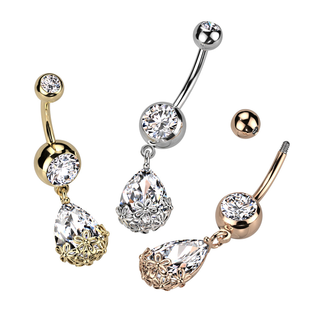 316L Surgical Steel Double Jeweled CZ With Pear CZ Floral Prong Set Dangle Belly Button Ring - all colors