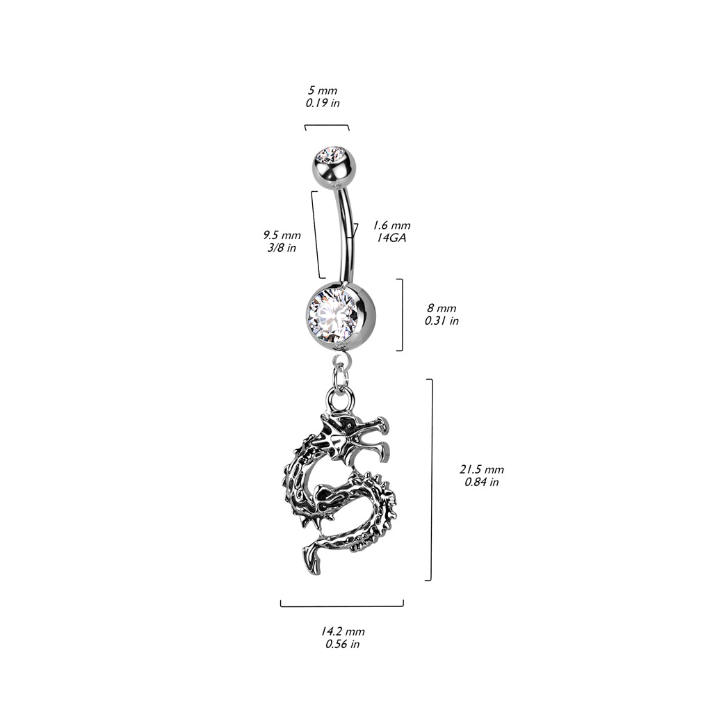 Double Jeweled 316L Surgical Steel Belly Button Navel Ring With Dragon Dangle size chart