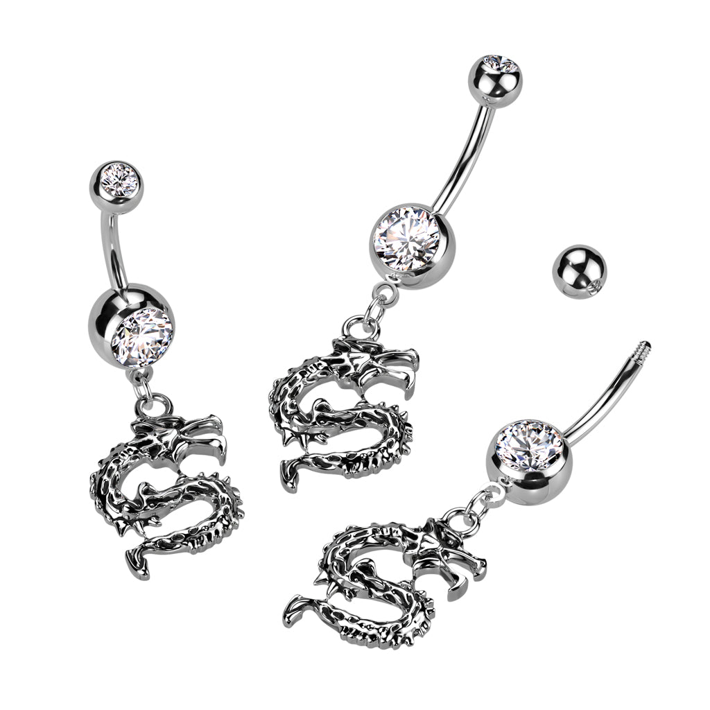 Double Jeweled 316L Surgical Steel Belly Button Navel Ring With Dragon Dangle - all colors