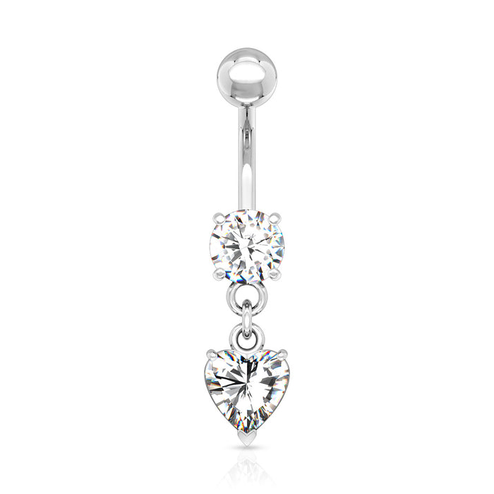 316L Surgical Steel Round CZ Prong Set Heart CZ Dangle Belly Button Ring