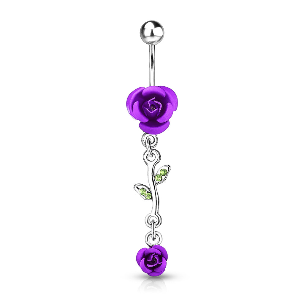 316L Surgical Steel Rose Dangle Metal Rose Belly Button Ring - Purple
