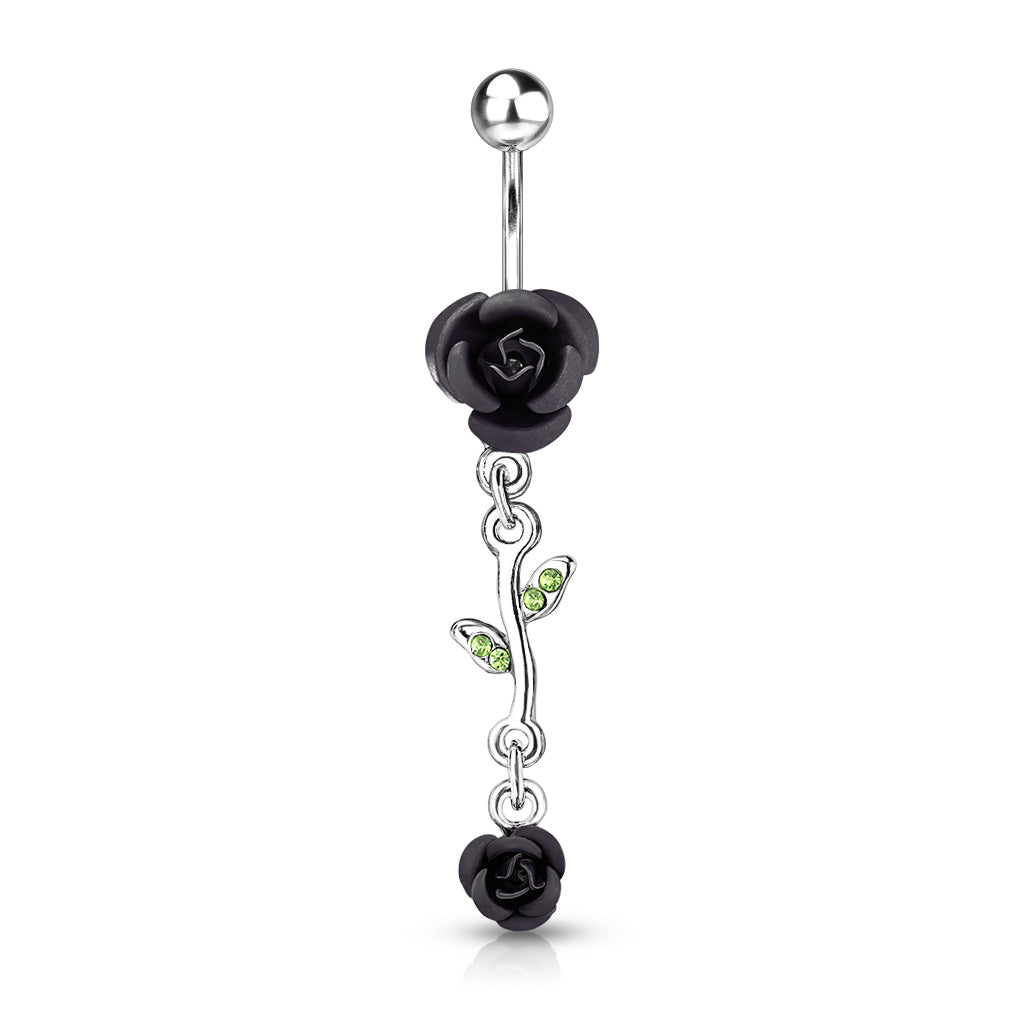 316L Surgical Steel Rose Dangle Metal Rose Belly Button Ring - Black