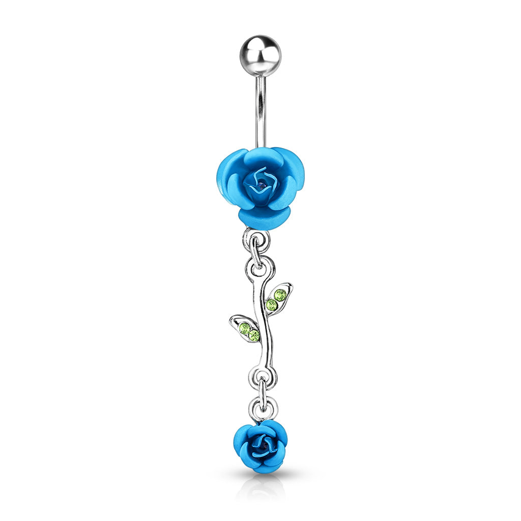 316L Surgical Steel Rose Dangle Metal Rose Belly Button Ring - Aqua