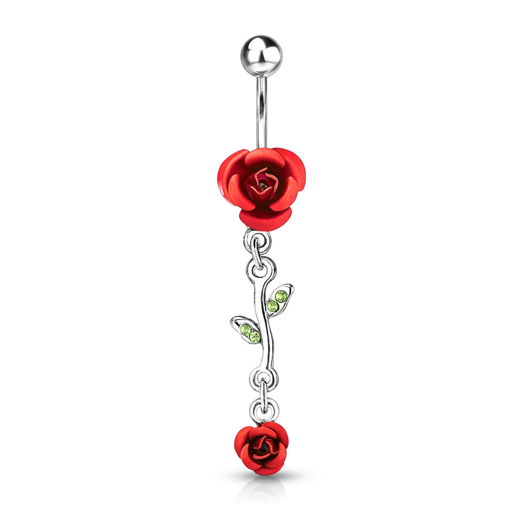 316L Surgical Steel Rose Dangle Metal Rose Belly Button Ring - Red