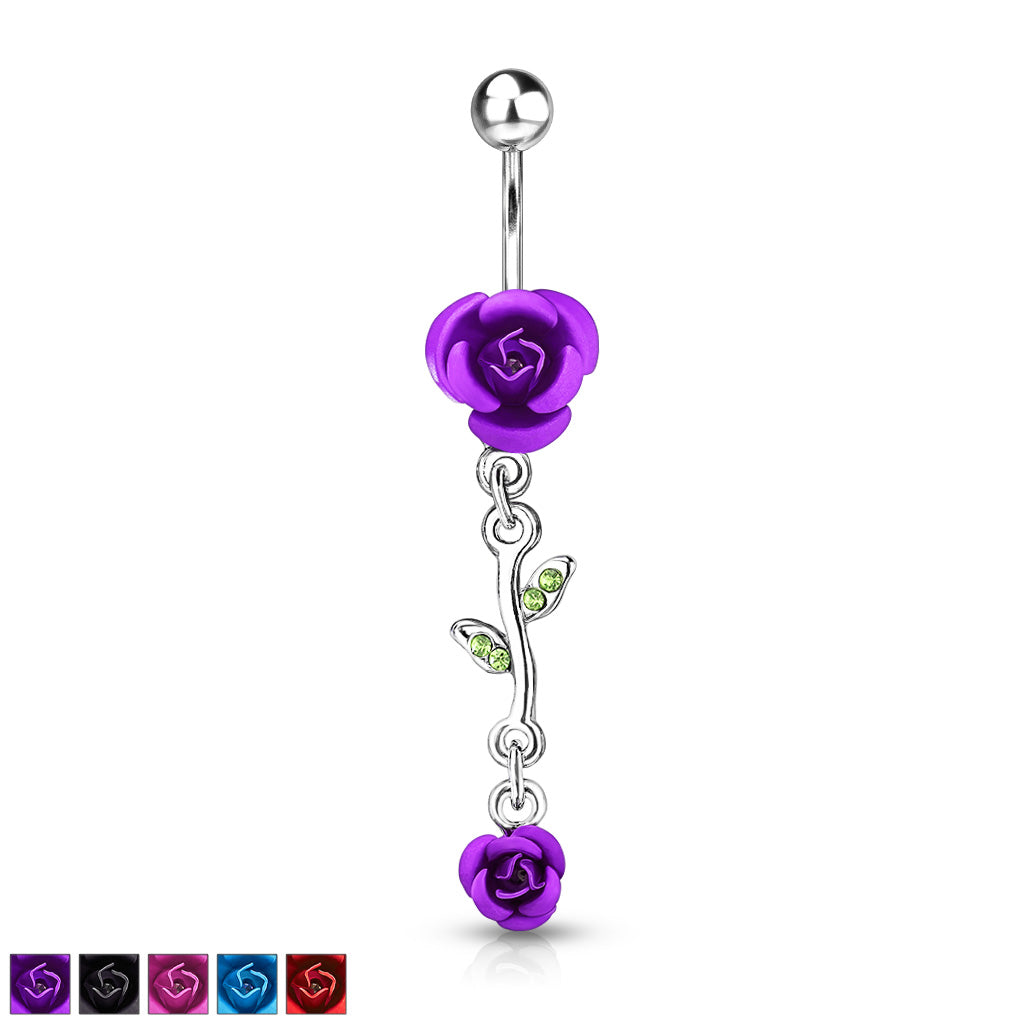 316L Surgical Steel Rose Dangle Metal Rose Belly Button Ring - all colors