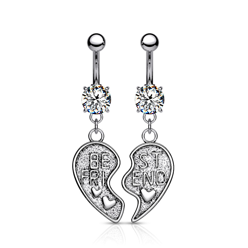 NSR6501 Pair of "Best Friend" Heart Dangle Belly Button Ring - Clear