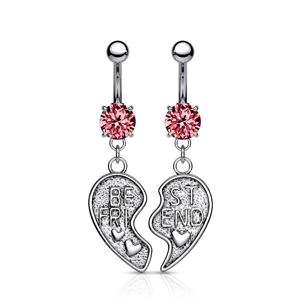 NSR6501 Pair of "Best Friend" Heart Dangle Belly Button Ring - Pink