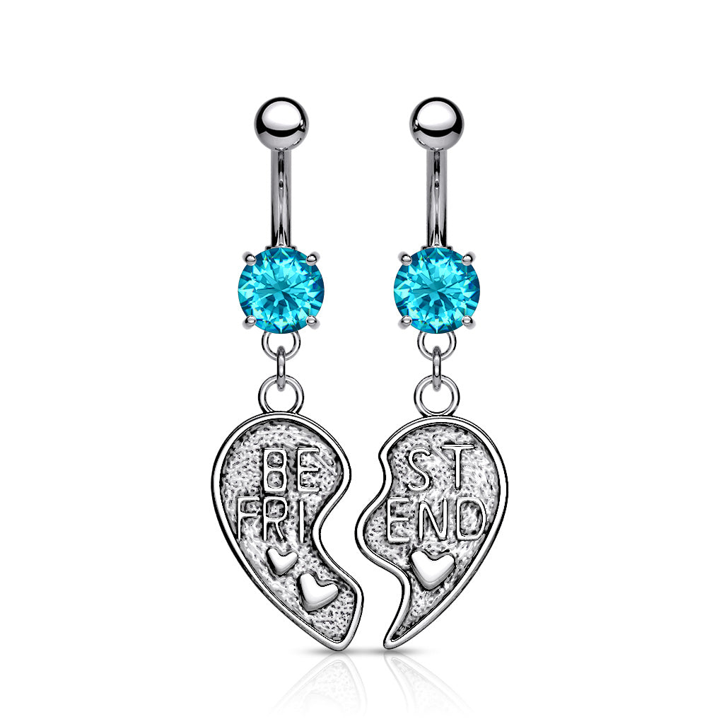 NSR6501 Pair of "Best Friend" Heart Dangle Belly Button Ring - Aqua