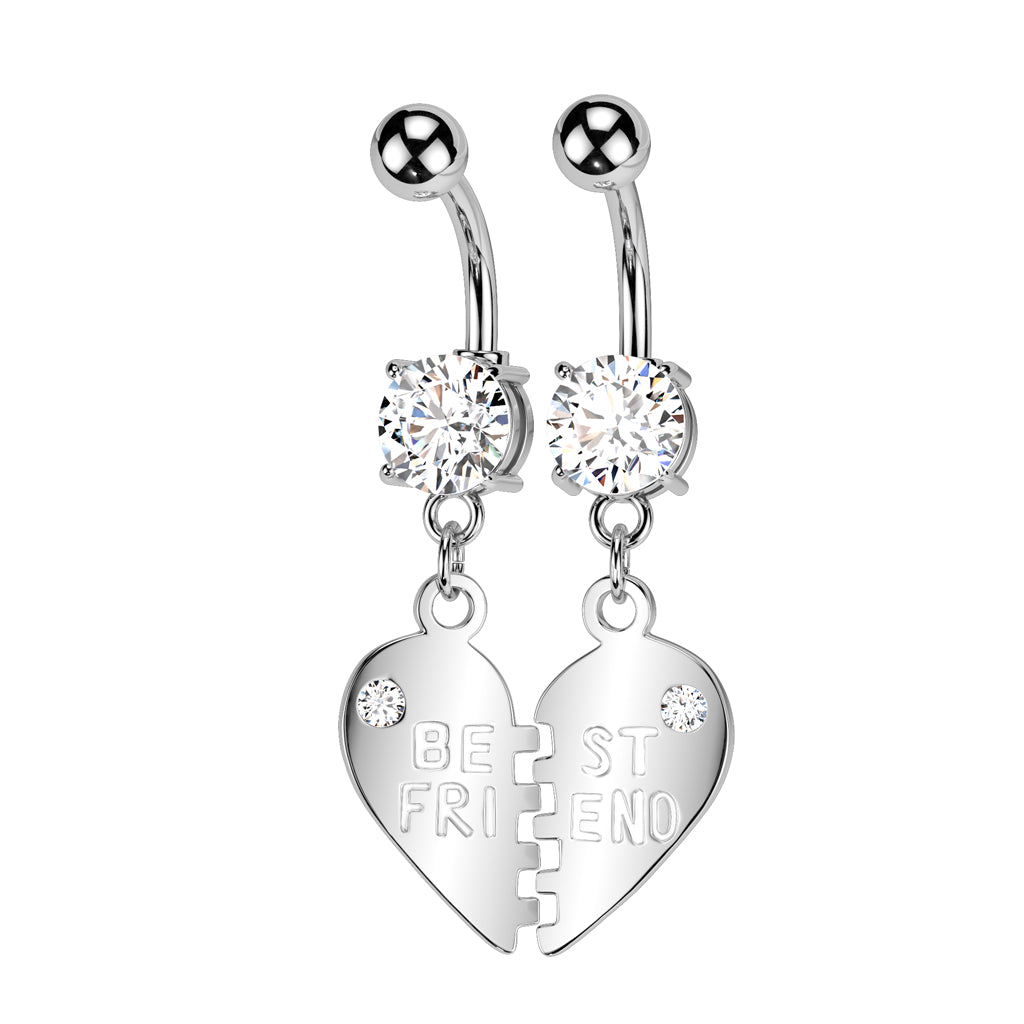Pair of "Best Friend" Charm Pendent CZ Navel Ring - Clear