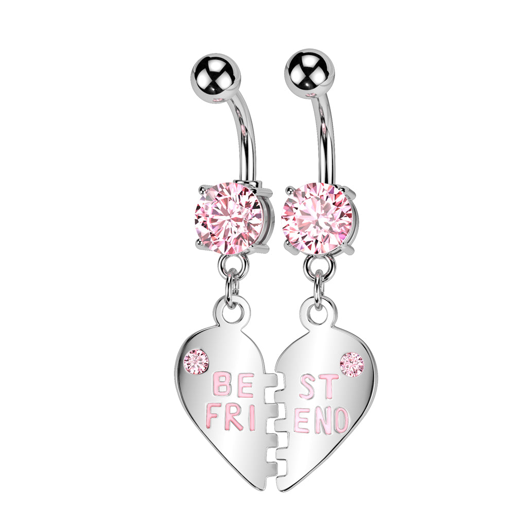 Pair of "Best Friend" Charm Pendent CZ Navel Ring - Pink
