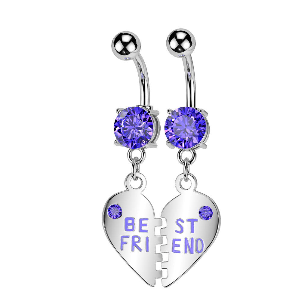 Pair of "Best Friend" Charm Pendent CZ Navel Ring - Tanzanite