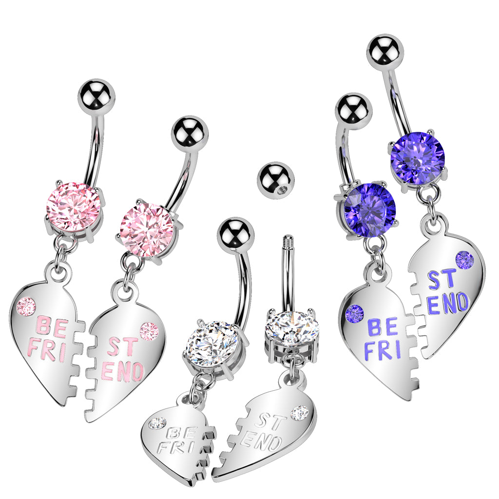 Pair of "Best Friend" Charm Pendent CZ Navel Ring - all colors