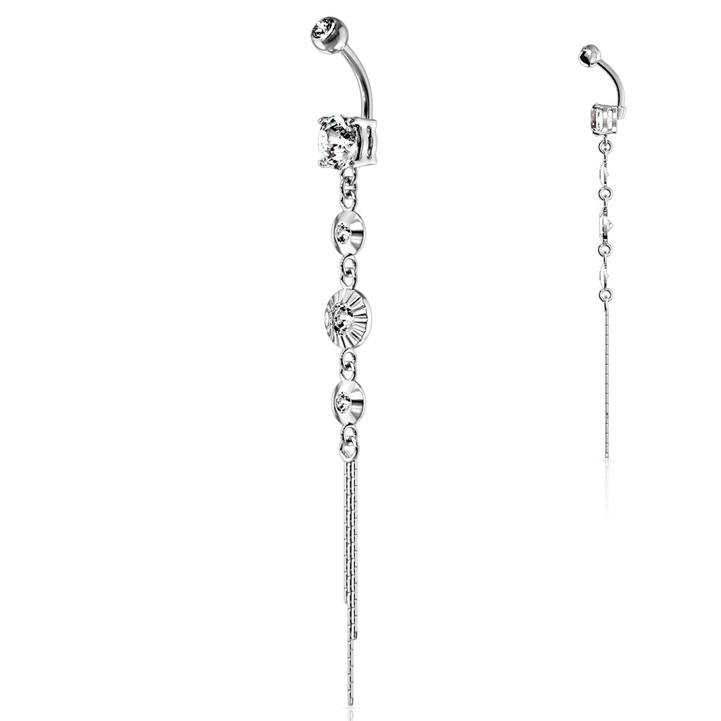 316L Surgical Steel CZ Centered Drops With Chain End Belly Button Ring - Clear