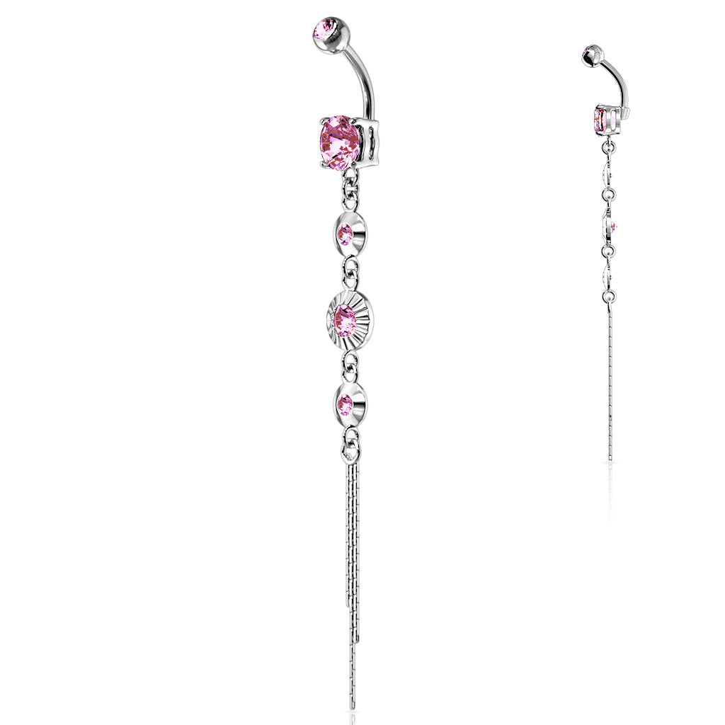 316L Surgical Steel CZ Centered Drops With Chain End Belly Button Ring - Pink