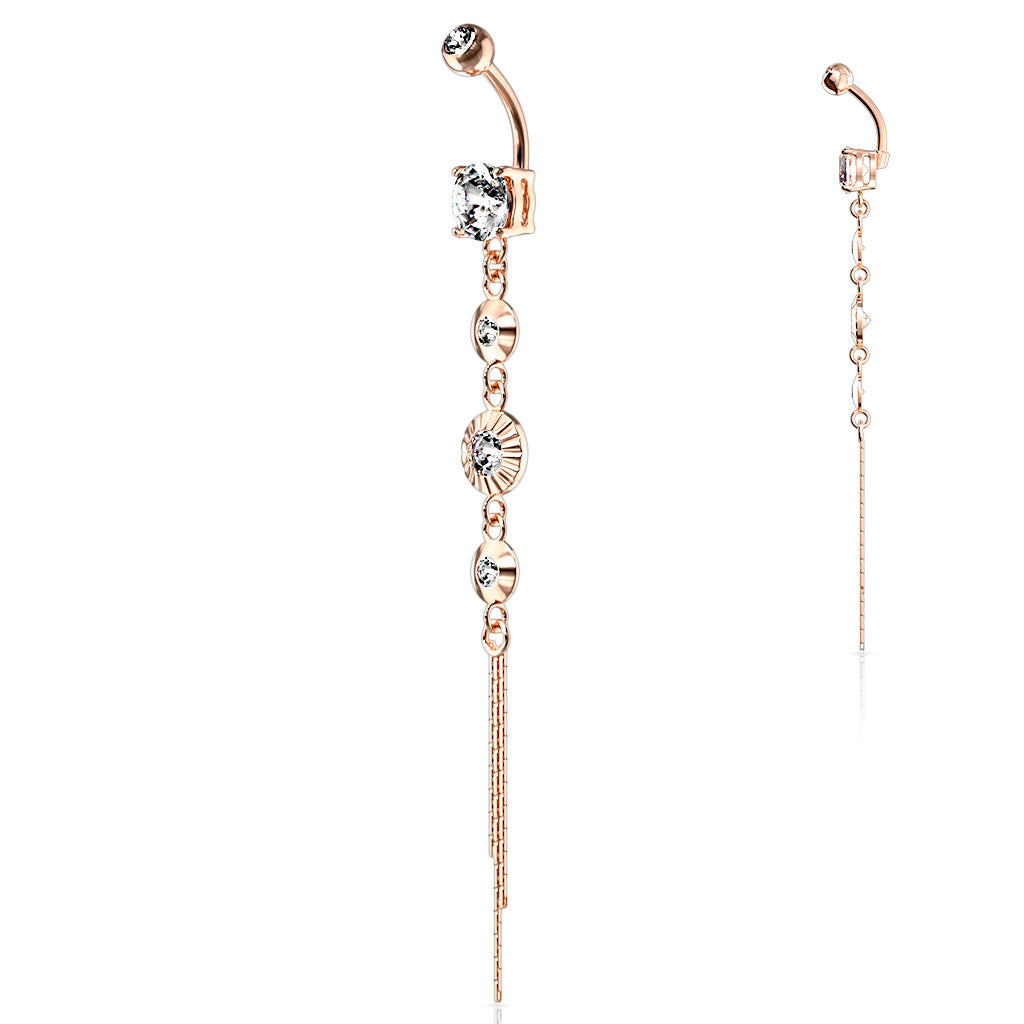 316L Surgical Steel CZ Centered Drops With Chain End Belly Button Ring - Rose Gold/Clear