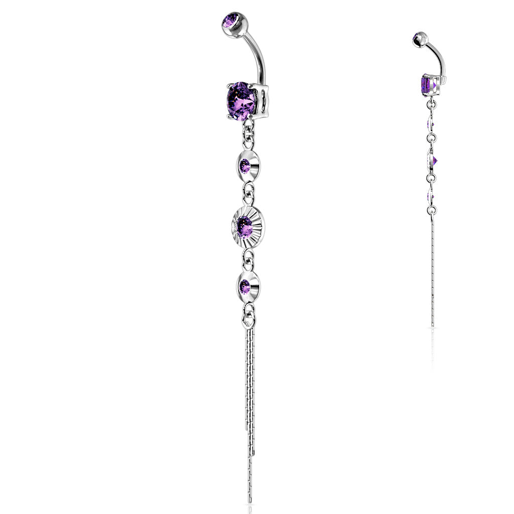 316L Surgical Steel CZ Centered Drops With Chain End Belly Button Ring - Tanzanite