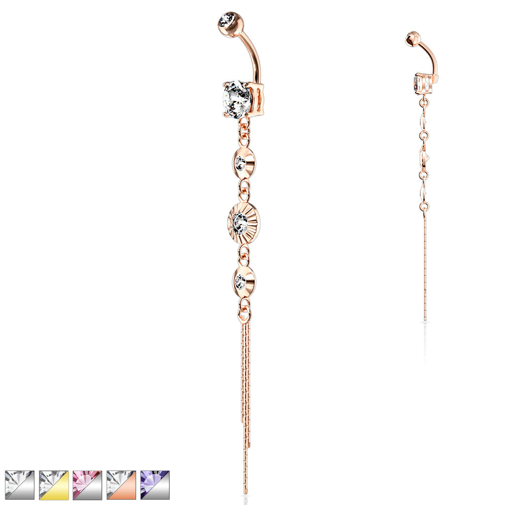 316L Surgical Steel CZ Centered Drops With Chain End Belly Button Ring - all colors