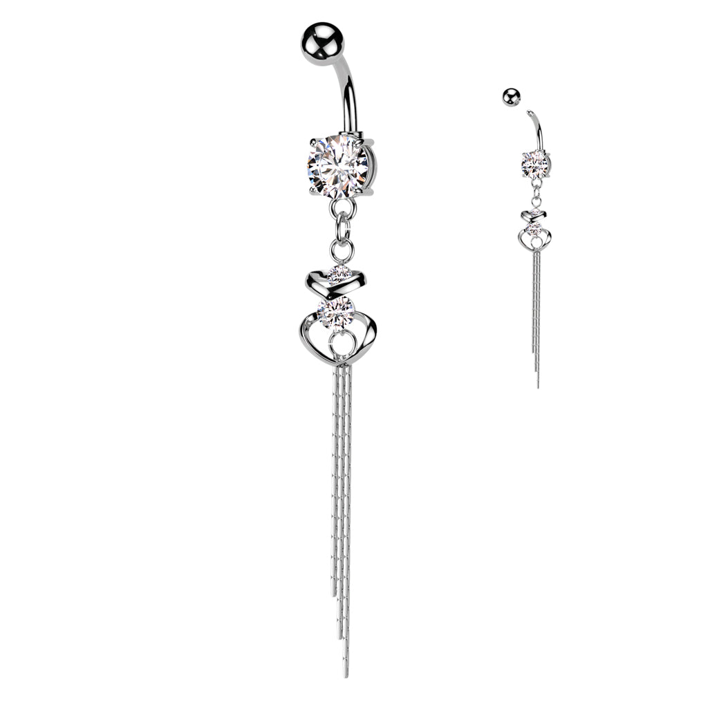 316L Surgical Steel CZ Centered Double Hearts With Chain End Dangle Belly Button Ring - Clear