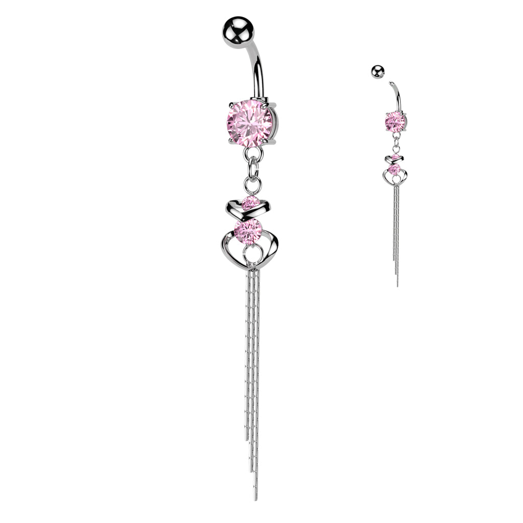 316L Surgical Steel CZ Centered Double Hearts With Chain End Dangle Belly Button Ring - Pink