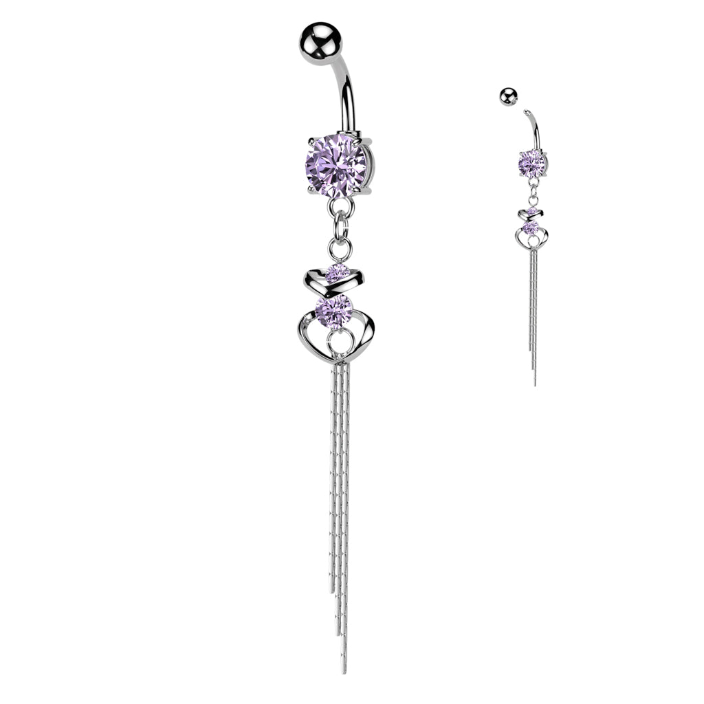 316L Surgical Steel CZ Centered Double Hearts With Chain End Dangle Belly Button Ring - Tanzanite