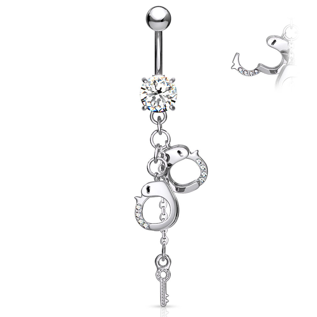 316L Surgical Steel Dangling Gem Handcuffs and Key Prong Set Belly Button Ring - Clear