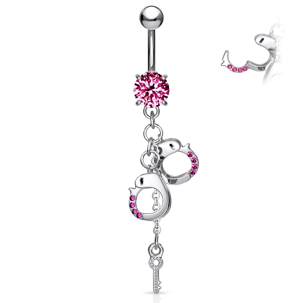 316L Surgical Steel Dangling Gem Handcuffs and Key Prong Set Belly Button Ring - Pink