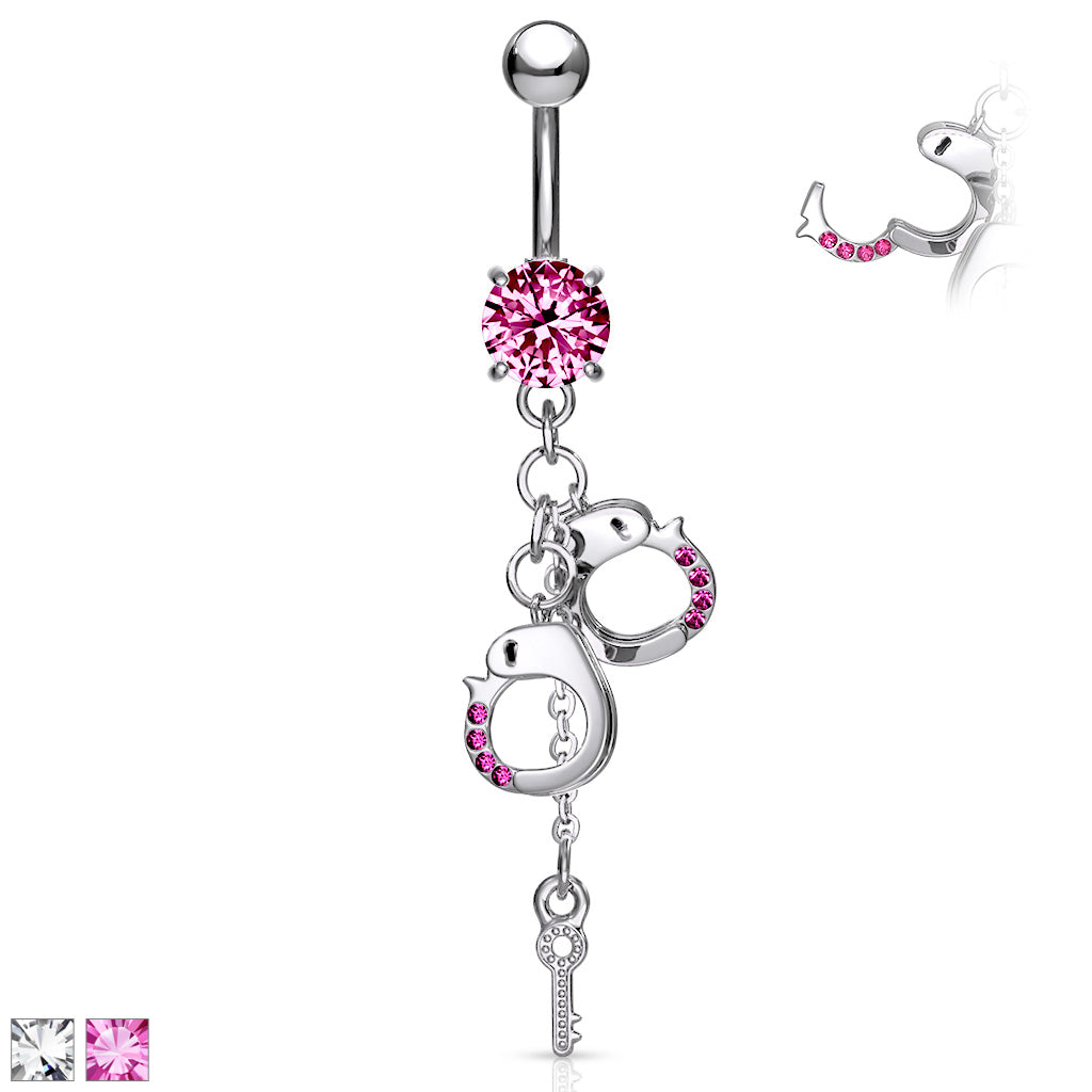 316L Surgical Steel Dangling Gem Handcuffs and Key Prong Set Belly Button Ring - all colors