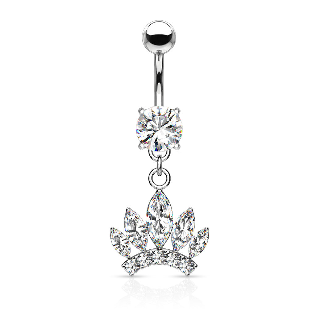 316L Surgical Steel Marquise Cut Gem Paved Crown Dangle CZ Prong Set Belly Button Ring - Clear