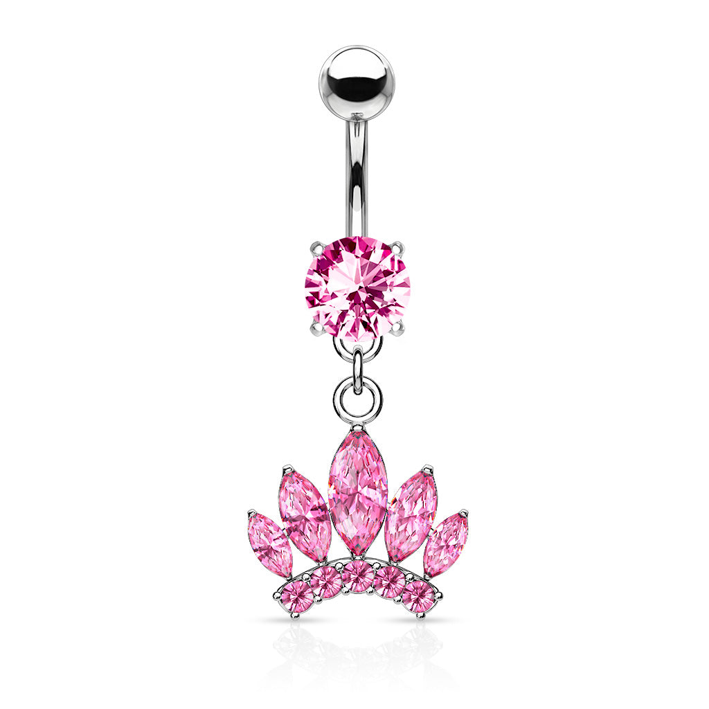 316L Surgical Steel Marquise Cut Gem Paved Crown Dangle CZ Prong Set Belly Button Ring - Pink