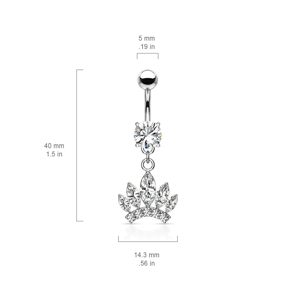 316L Surgical Steel Marquise Cut Gem Paved Crown Dangle CZ Prong Set Belly Button Ring size chart