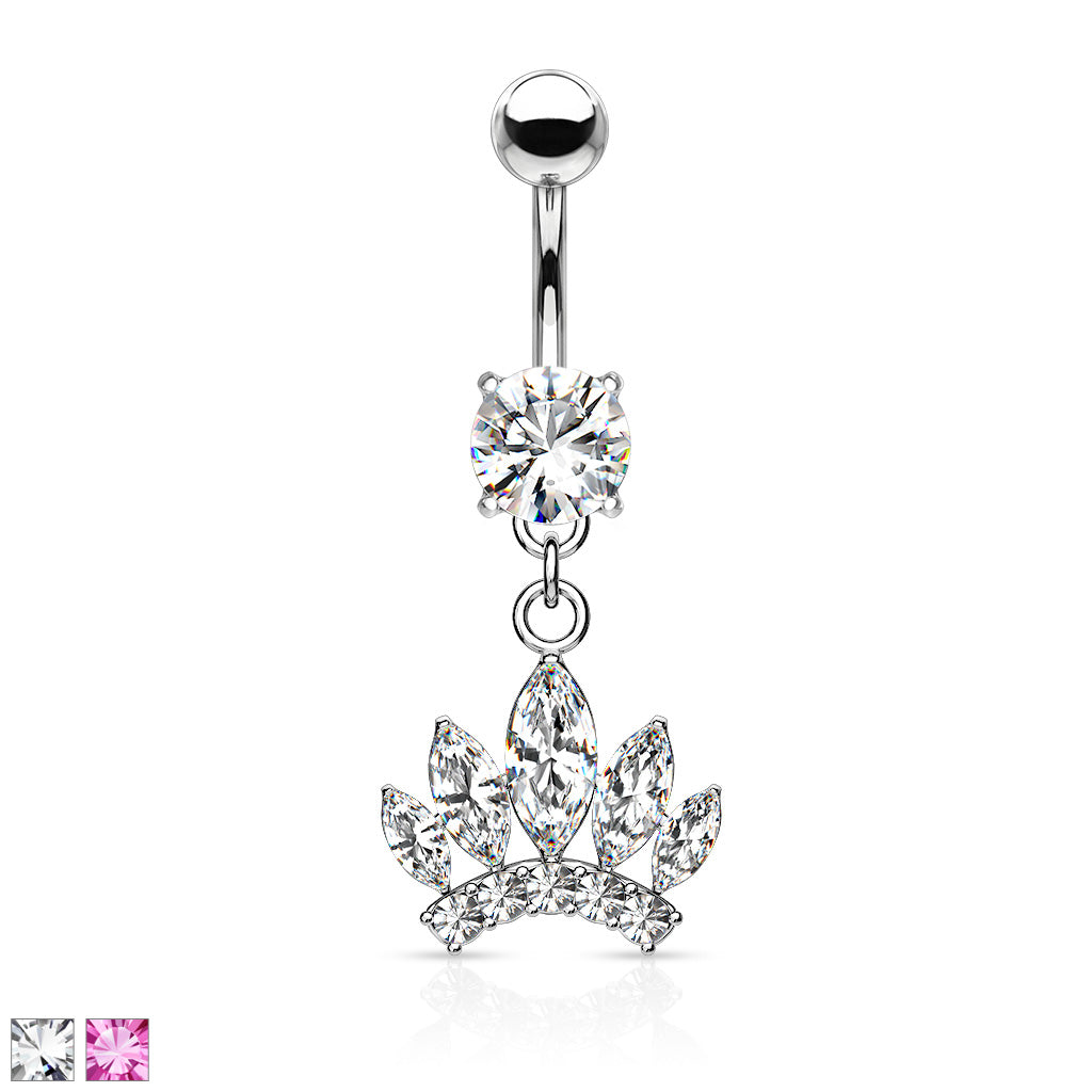 316L Surgical Steel Marquise Cut Gem Paved Crown Dangle CZ Prong Set Belly Button Ring - all colors