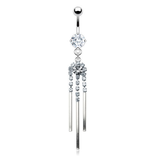 316L Surgical Steel 3 Chimes Gem Paved Dangle CZ Prong Set Belly Button Ring