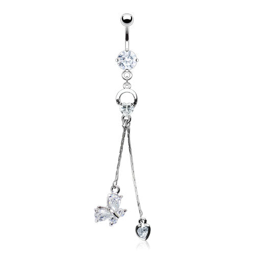 316L Surgical Steel Heart Loop With Gem Butterfly And Heart Dangle Belly Ring