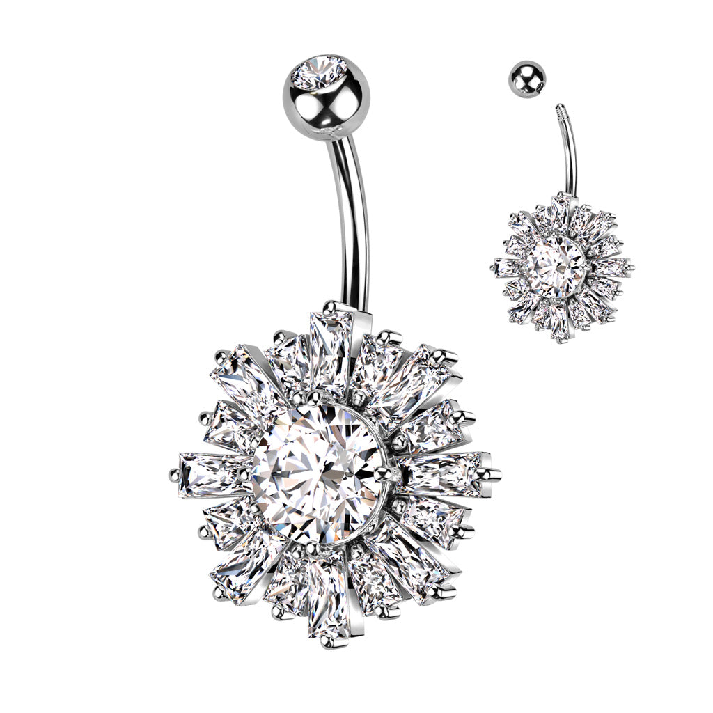 316L Surgical Steel Belly Ring With Sunburst Baguette CZ's Around a Prong Set CZ Center - Clear