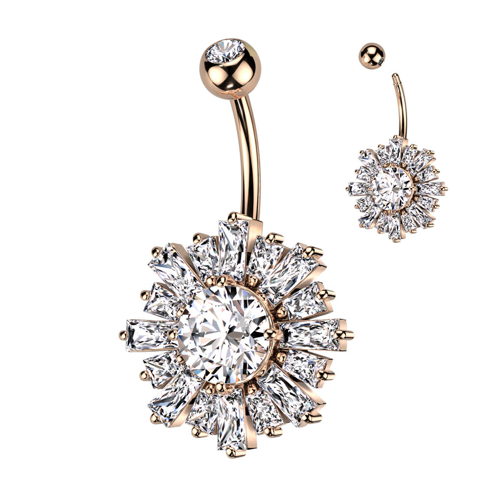 316L Surgical Steel Belly Ring With Sunburst Baguette CZ's Around a Prong Set CZ Center - Rose Gold/Clear