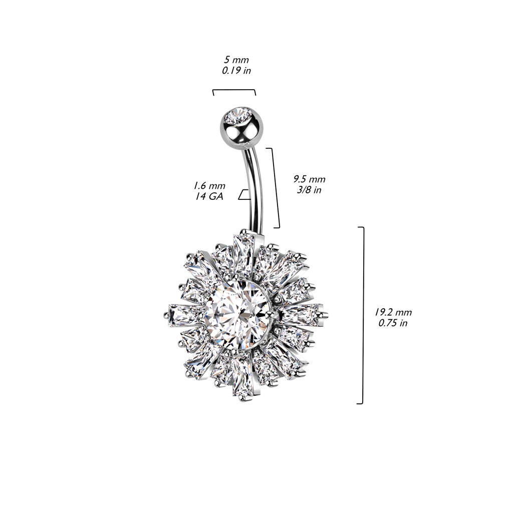 316L Surgical Steel Belly Ring With Sunburst Baguette CZ's Around a Prong Set CZ Center size chart