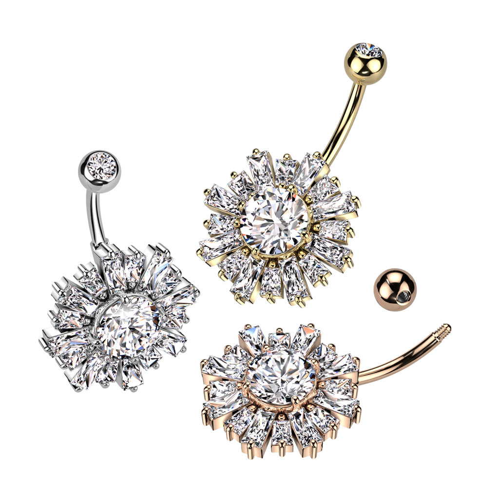 316L Surgical Steel Belly Ring With Sunburst Baguette CZ's Around a Prong Set CZ Center - all colors