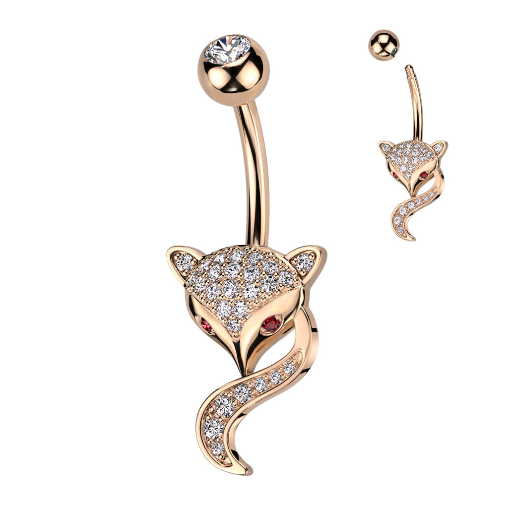 316L Surgical Steel Fox Belly Ring With Pave CZ's and Red CZ Eyes - Rose Gold/Clear/Red