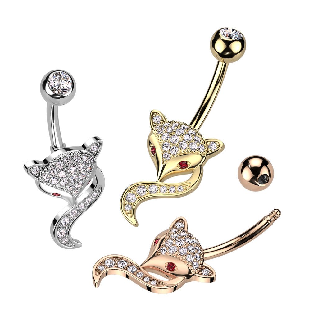 316L Surgical Steel Fox Belly Ring With Pave CZ's and Red CZ Eyes - all colors