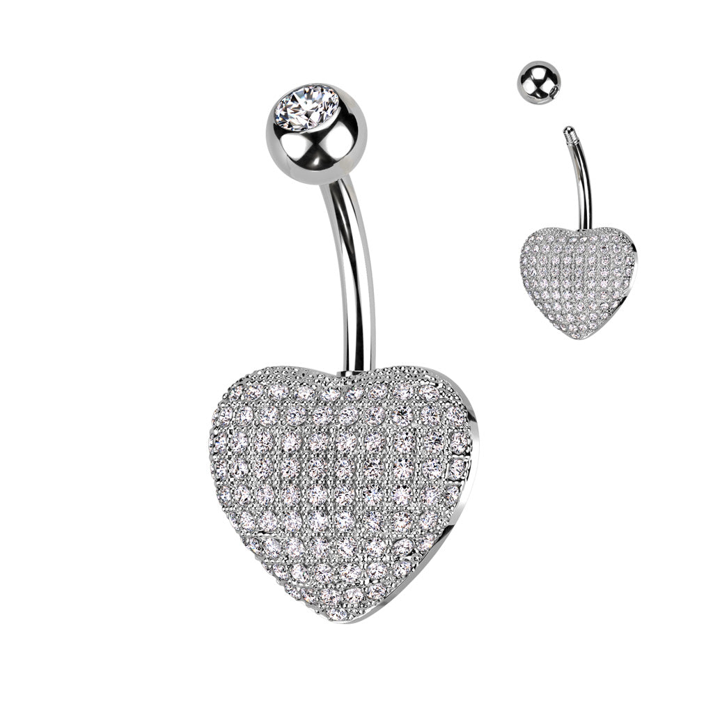 316L Surgical Steel 3D Heart Belly Ring With Pave CZ - Clear
