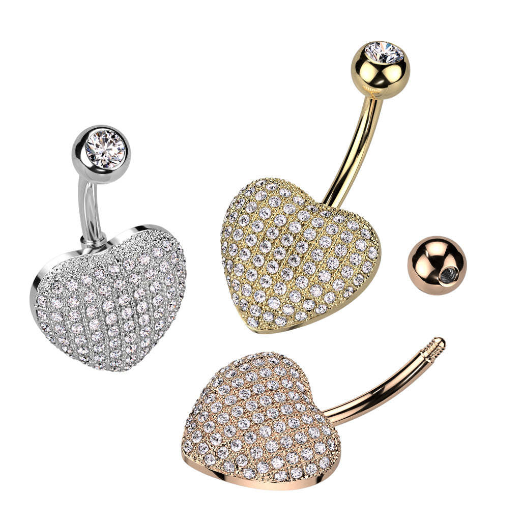 316L Surgical Steel 3D Heart Belly Ring With Pave CZ - all colors