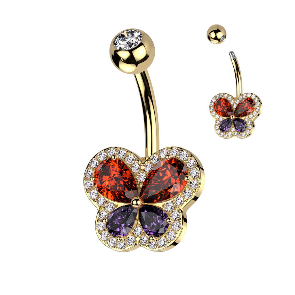 316L Surgical Steel Belly Ring With CZ Butterfly and Pave CZ Edge - Gold/Rainbow