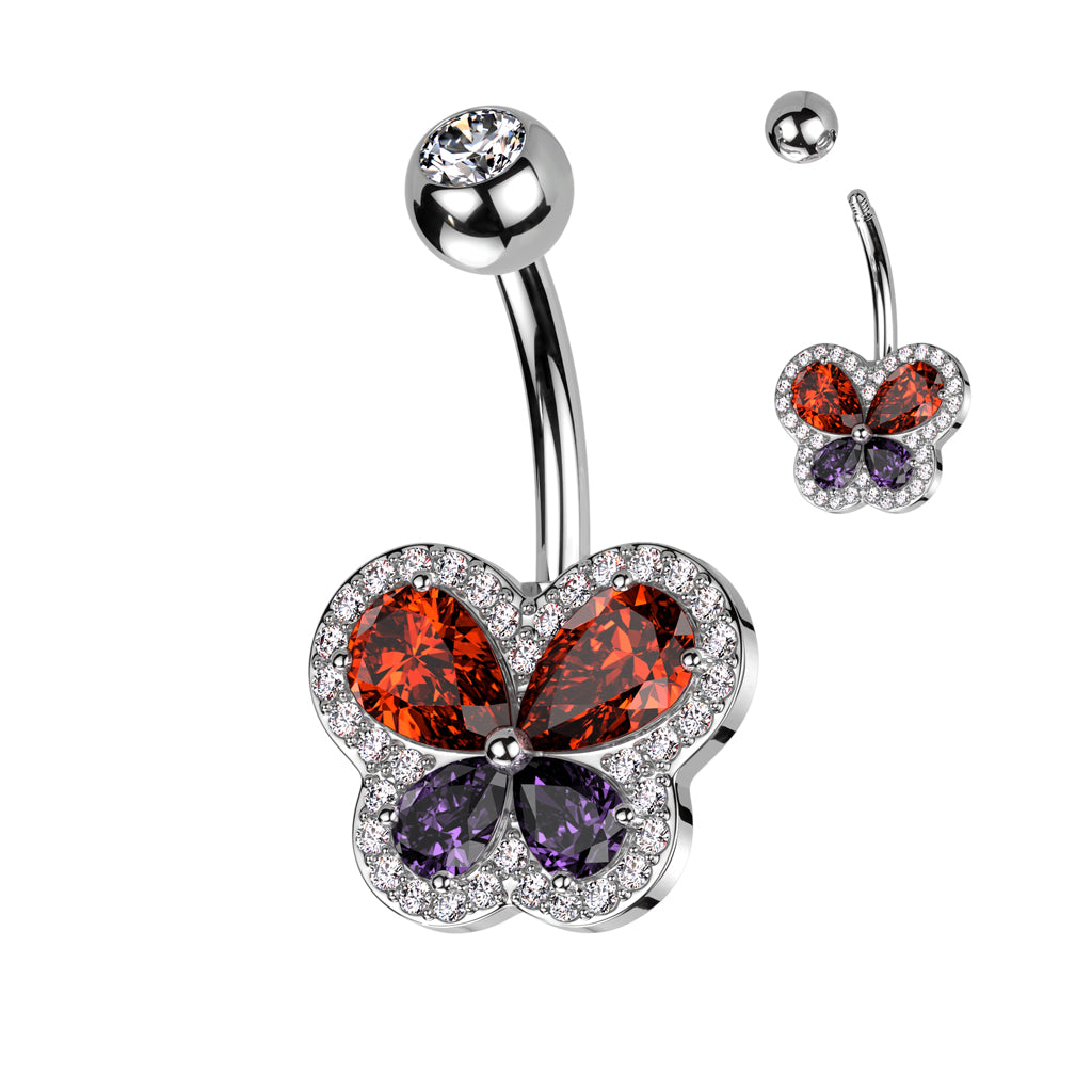 316L Surgical Steel Belly Ring With CZ Butterfly and Pave CZ Edge - Rainbow