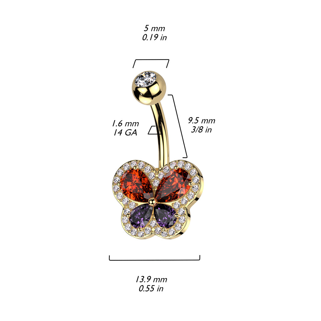 316L Surgical Steel Belly Ring With CZ Butterfly and Pave CZ Edge size chart