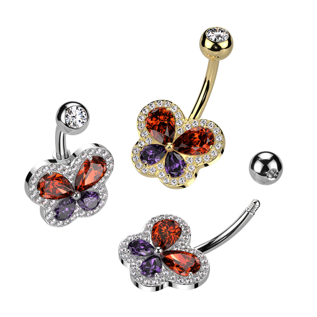 316L Surgical Steel Belly Ring With CZ Butterfly and Pave CZ Edge - all colors