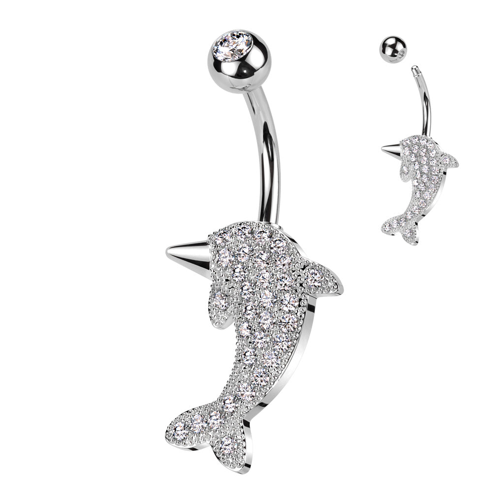 316L Surgical Steel Belly Ring With Pave CZ Dolphin - Clear