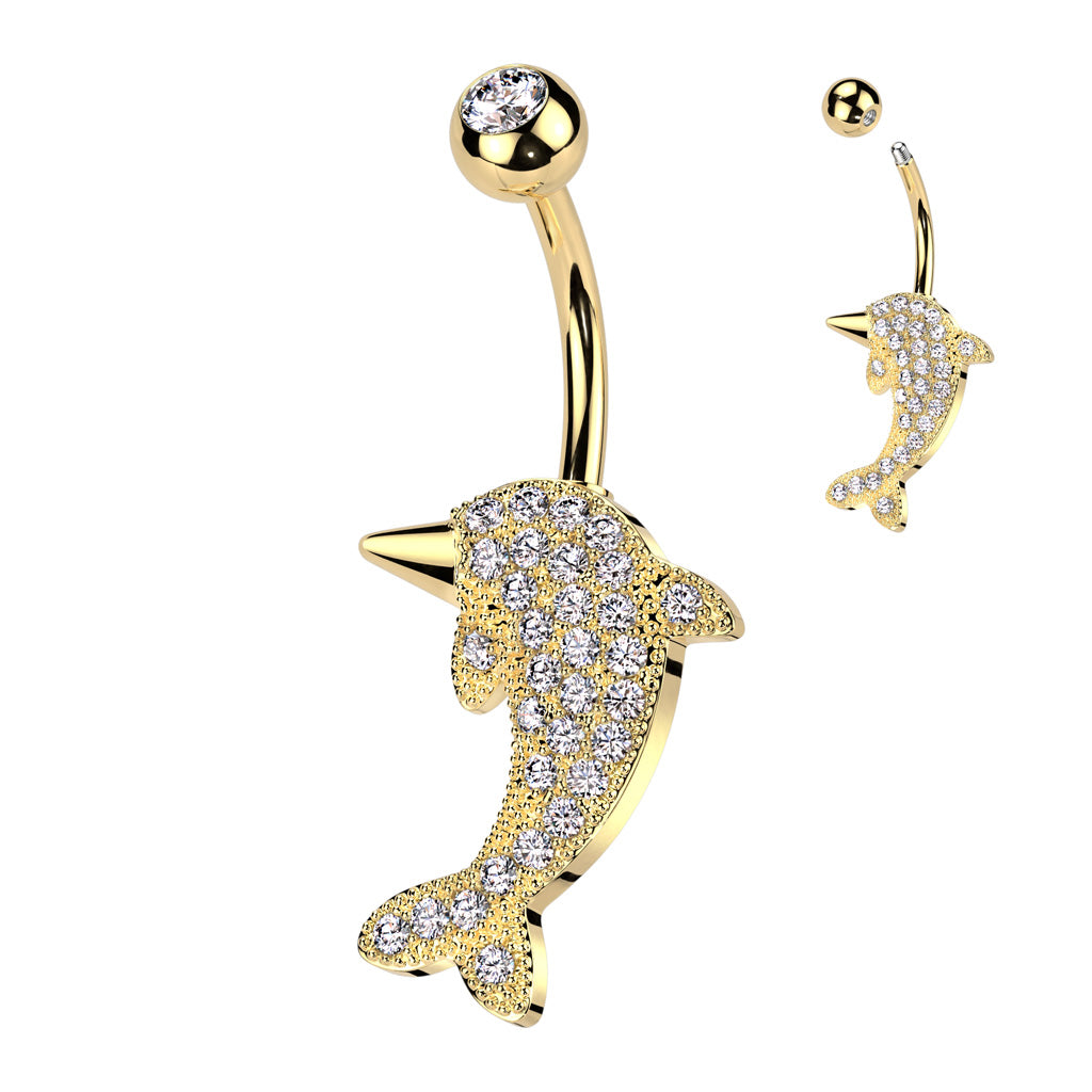 316L Surgical Steel Belly Ring With Pave CZ Dolphin - Gold/Clear