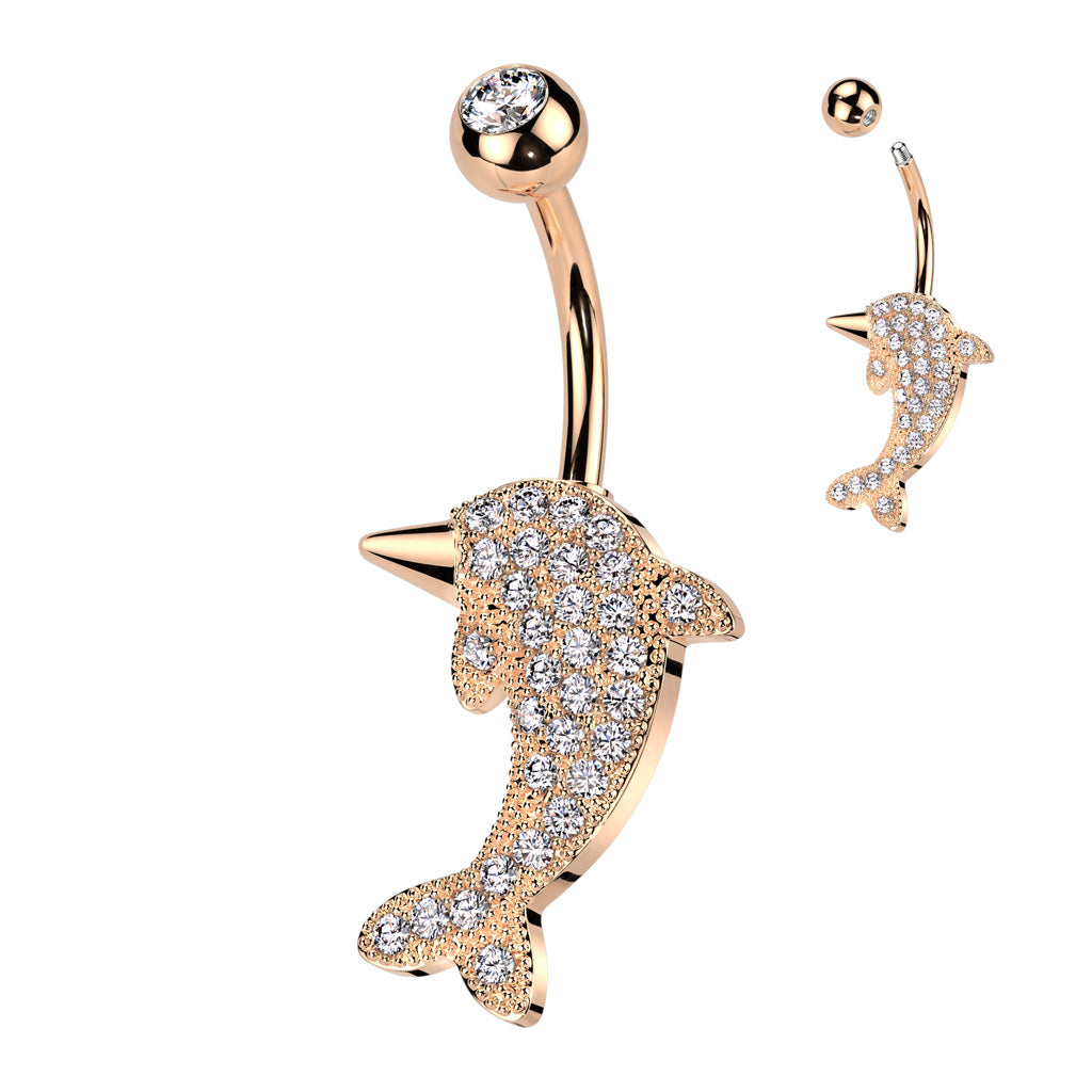 316L Surgical Steel Belly Ring With Pave CZ Dolphin - Rose Gold/Clear
