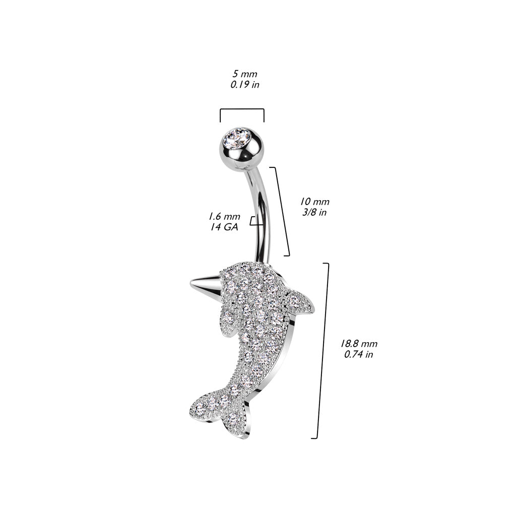 316L Surgical Steel Belly Ring With Pave CZ Dolphin size chart