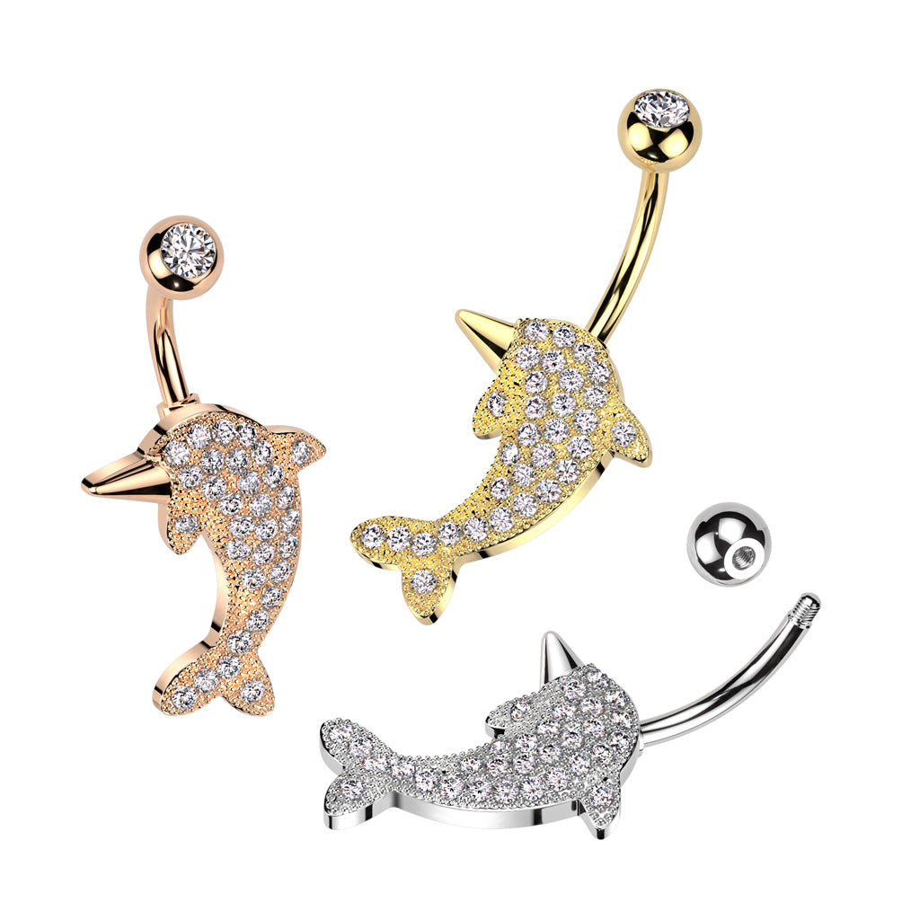 316L Surgical Steel Belly Ring With Pave CZ Dolphin - all colors
